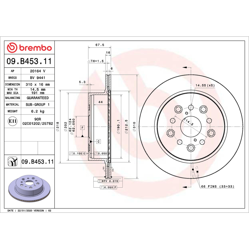 Lexus LS430 Brake Rotor (1) - Rear - Brembo OE - UV Coated - `01-`06